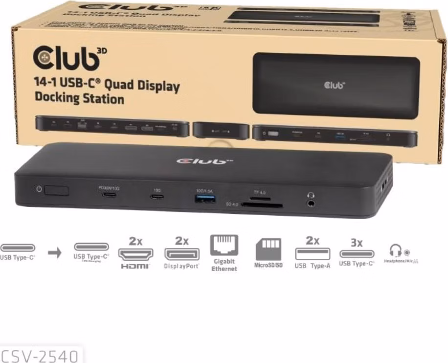 Club3D Dokovací stanice USB-C 14v1, 2xHDMI, 2xDP, 3xUSB-C, 1xUSB-C PD, 2xUSB, 1xRJ45, 1x3.5mm, microSD/SD, černá