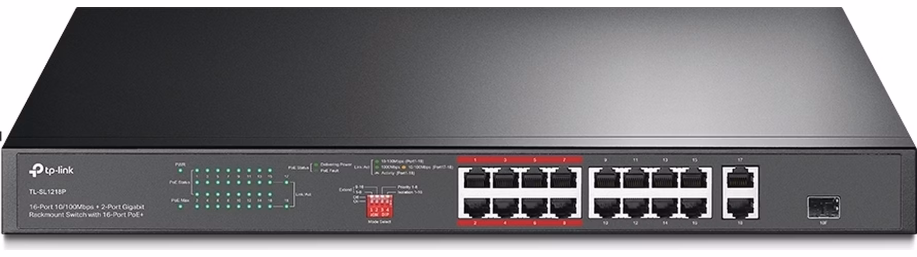 16-Port 10/100Mbps + 2-Port Gigabit Rackmount Switch with 16-Port PoE+ PORT: 16× 10/100 Mbps PoE+ Ports, 2× Gigabit Non-