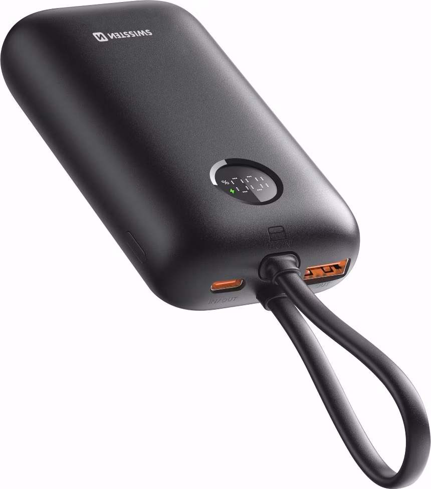 Swissten Power bank VOLTBOX 35W 10000 mAh s integrovanými kabely - USB-C, A, Lightning / černá