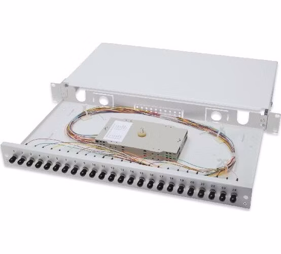 Digitus Fiber Optic Sliding Splice Box, 1U, Equipped 24x ST, incl. M 25 Screw, Splice Cassette Color Pigtails OM2, Adapter