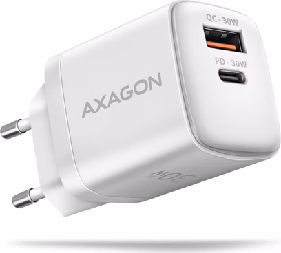 AXAGON ACU-PQ30W, Sil nabíjačka do siete 30W, 2x port (USB-A + USB-C), PD3.0/PPS/QC4+/SFC/AFC/Apple, biela