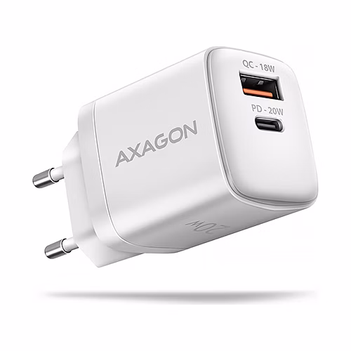 AXAGON ACU-PQ20W, nabíječka do sítě 20W, 2x port (USB-A + USB-C), PD3.0/PPS/QC4+/AFC/Apple, bílá