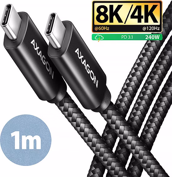 AXAGON datový a nabíjecí kabel NEWGEN+ USB-C na USB-C / USB4 Gen 3x2 / HDR10 / 8K/60Hz / PD 3.1 / opletený / 1m