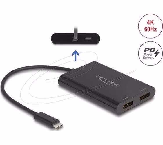 Delock Adaptér USB Type-C na 2 x DisplayPort 4K 60 Hz s grafikou DisplayLink a USB PD