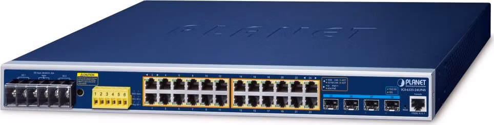 Planet IGS-6325-24UP4X průmyslový L3 switch, 24x1Gb, 4x10Gb SFP+, 24x PoE 802.3bt 720W, -40~75°C, dual 48-54VDC, IP30