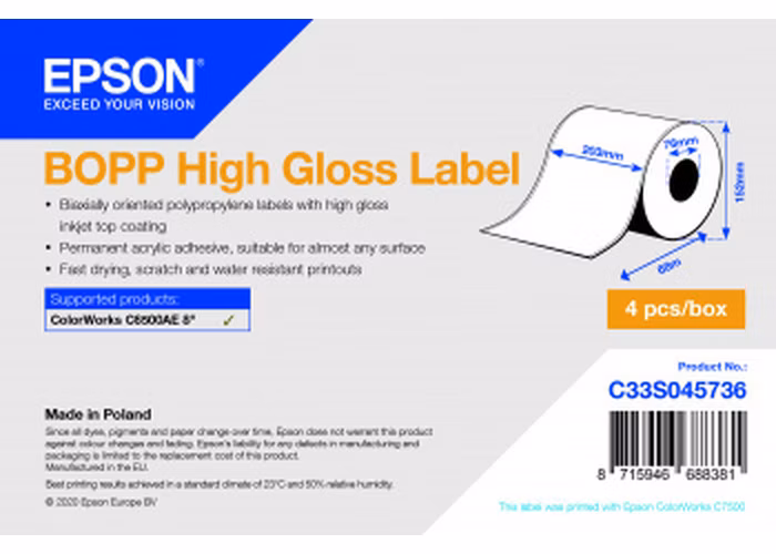 EPSON BOPP High Gloss Label - Continuous Roll: 203mm x 68m