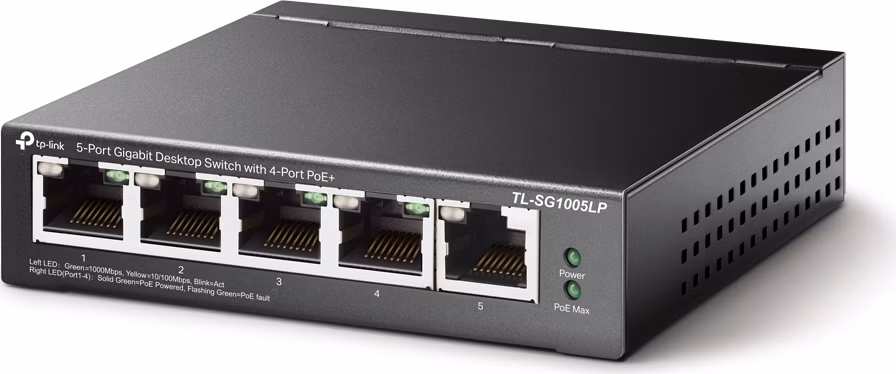 5-Port Gigabit Desktop Switch with  4-Port PoE+  PORT: 4× Gigabit PoE+ Ports, 1× Gigabit Non-PoE Port SPEC: 802.3af/at,