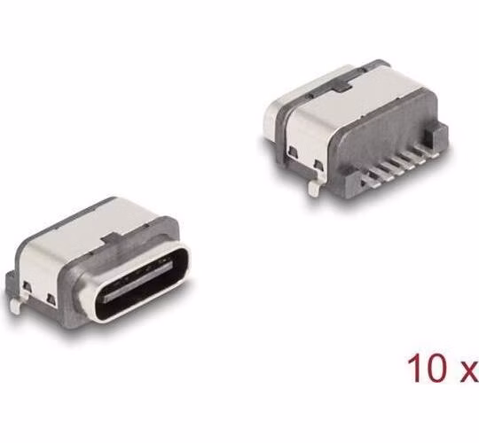 Delock 6-pinový SMD konektor z USB 5 Gbps na zásuvku USB Type-C™ se dvěma kovovými západkami k montáži pájením, 10 ks