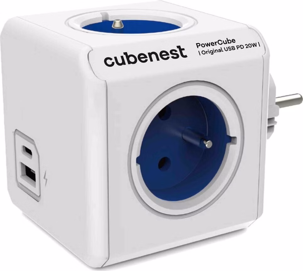 Cubenest Powercube Original USB PD 20W, A+C, 4× zásuvka, bílá/modrá, dětská pojistka, uzemnění, max. 16A/250V~3680W