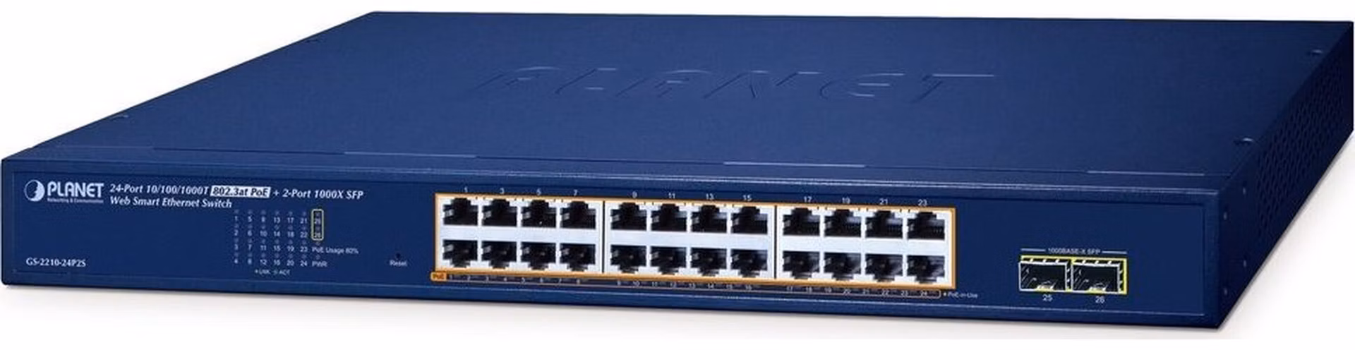 Planet GS-2210-24P2S WEBsmart L2 switch, 24x1Gb, 2x1Gb SFP, 24x PoE 802.3at 260W, QoS