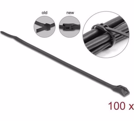 Delock Kabelový úvazek s plochou hlavou, D 370 x Š 7,6 mm, 100 ks černá