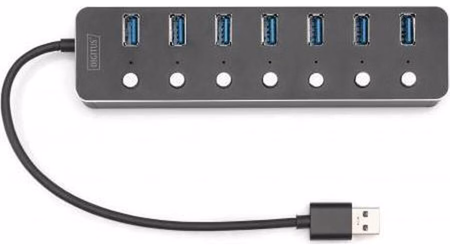 Digitus USB 3.0 rozbočovač, 7 portů, přepínač Hliníkové pouzdro, včetně zdroje 5V/2A