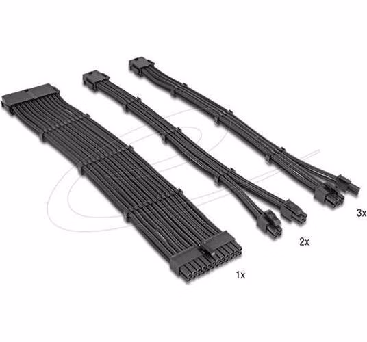 Delock Sada prodlužovacích kabelů pro zdroj (PSU), 30 cm, 6 kusů, opletené s kabelovými hřebeny, černá