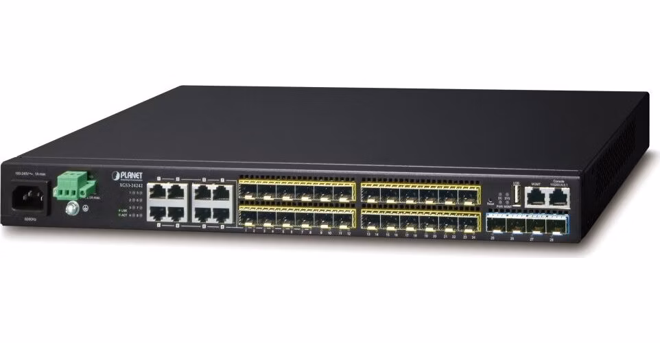 Planet XGS3-24242(v3) L3 switch, 8x1Gb, 24x1Gb SFP, 4x10Gb SFP+, HW/IP stack, 2xPower-in