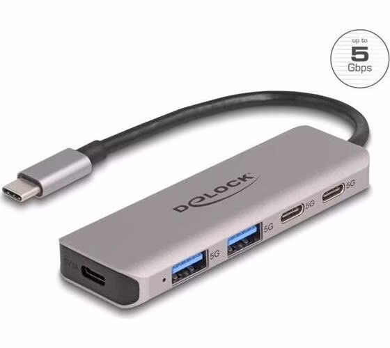 Delock Dvouportový rozbočovač sítě USB 5 Gbps se dvěma porty USB Type-C™, se dvěma porty Typu-A a s konektorem USB Type-C™