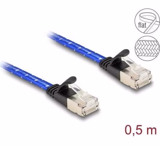 Delock Plochý síťový kabel RJ45, s pleteným opláštěním, Cat.6A, U/FTP, 0,5 m, modrý