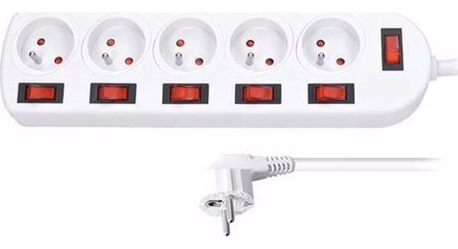 Solight prodlužovací přívod, 5 zásuvek, bílý, 6x vypínač, 2m