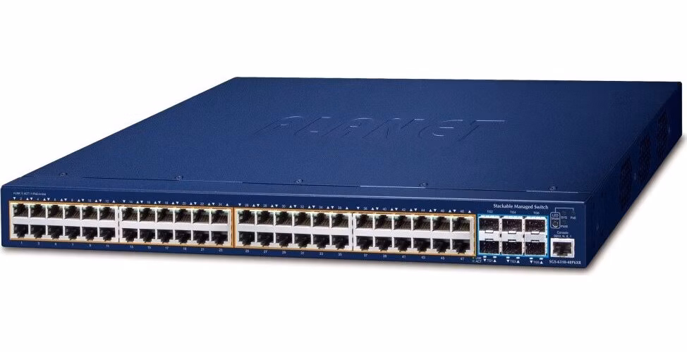 Planet SGS-6310-48P6XR L3 switch, 48x1Gb, 6x10Gb SFP+, 48x PoE 802.3at 740W, HW/IP stack, 2x power-in, VSF/Cluster