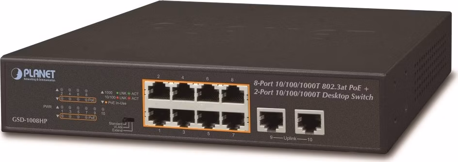 Planet GSD-1008HP, PoE switch 8x PoE 802.3at 120W+ 2x 1000Base-T, VLAN, extend mód 10Mb/s do 250m