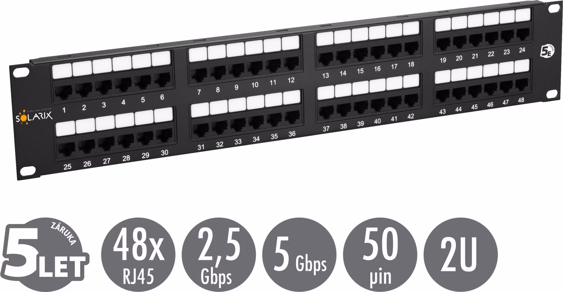 19" patch panel Solarix 48 x RJ45 CAT5E UTP 150 MHz čierny 2U SX48-5E-UTP-BK
