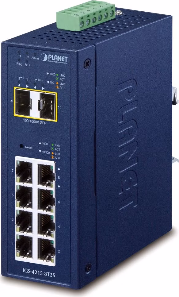 Planet IGS-4215-8T2S průmyslový L2 switch, 8x1Gb, 2x1Gb SFP, dual 9-48VDC, -40~75°C, IP30