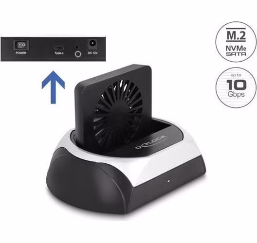 Delock Dokovací stanice USB 10 Gbps pro HDD nebo SSD 2.5” / 3.5” SATA nebo pro M.2 NVMe PCIe nebo SSD SATA s ventilátorem