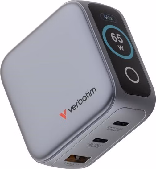 VERBATIM Mini GaN Nabíječka s displejem 65W, 2xUSB-C, 1xUSB-A, šedá