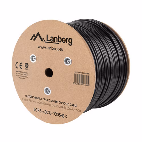 Instalační LAN kabel CAT.6 FTP 305 m, gelová výplň, měď, černý, LANBERG