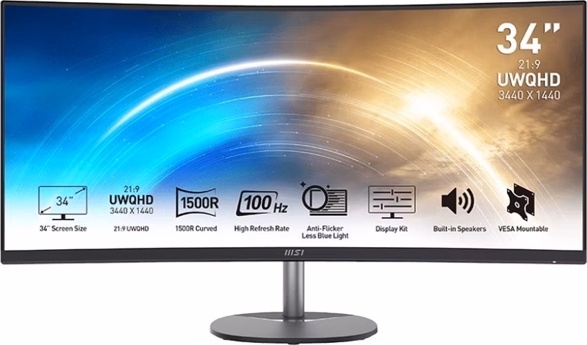 MSI monitor PRO MP341CQ, 34" zakřivený /3440x1440 (UWQHD)/VA LED/1ms/3000:1/300cd/m2/100Hz /2 x HDMI/DP/černý