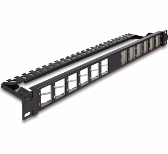 Delock Patch panel Keystone 19”, 24 portový, úhlový, s uvolňováním napětí, černý