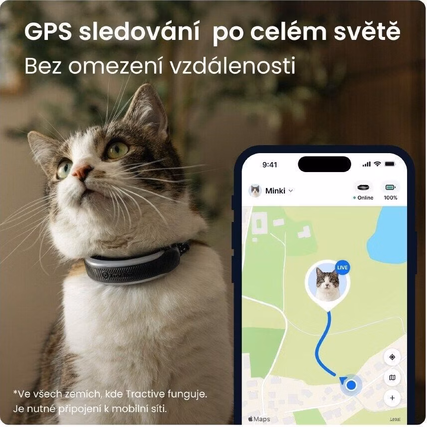 Tractive CAT 6 Mini – chytrý GPS lokátor pro kočky a monitor zdraví s integrovaným obojkem - černý