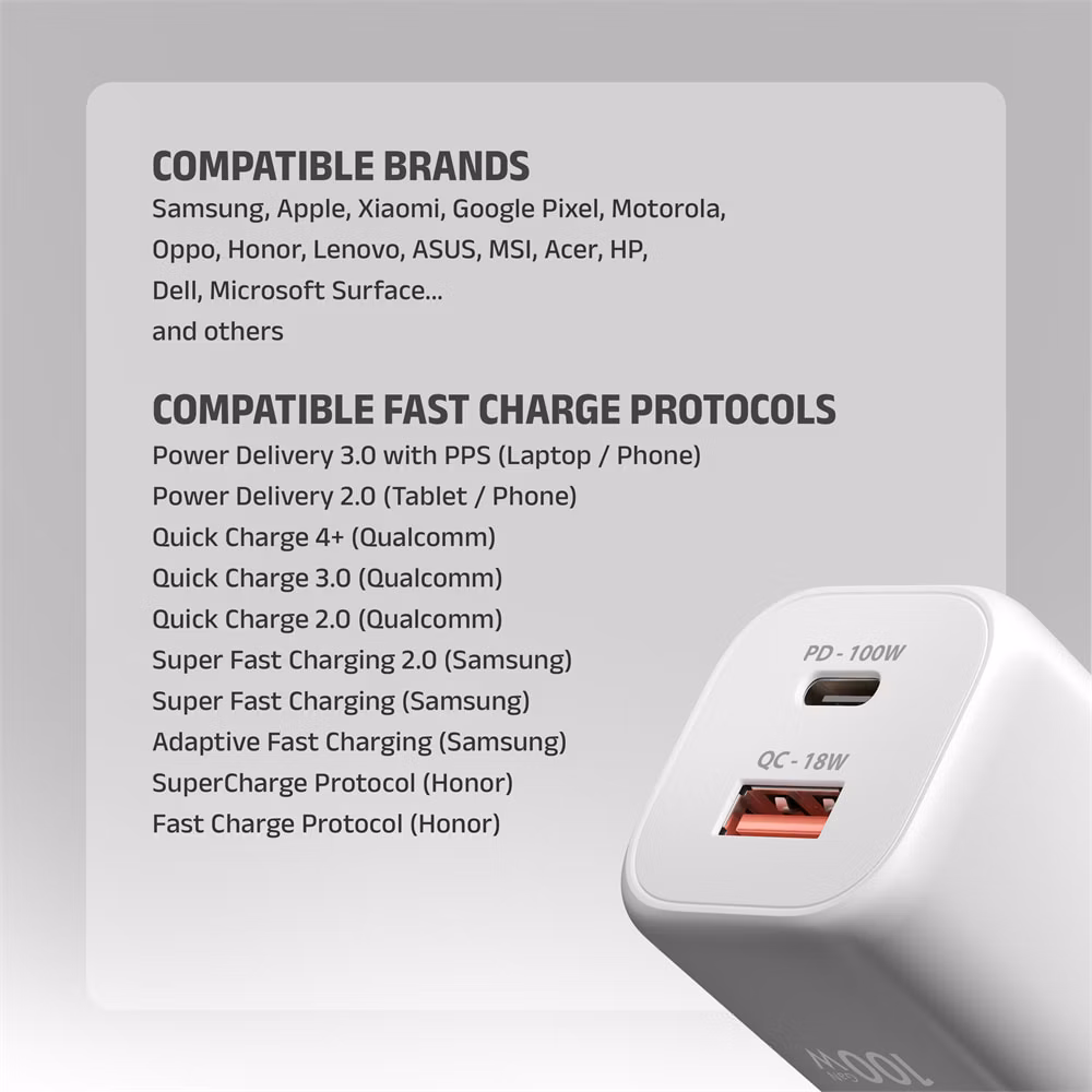 AXAGON ACU-PQ100W, GaN nabíjačka do siete 100W, USB-A+USB-C, PD3.0/PPS/QC4+/SFC2.0/Apple, biela