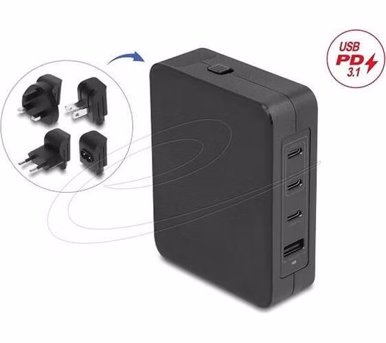 Delock USB GaN nabíječka 3 x USB Type-C PD 3.1 a 1 x USB Type-A s 145 W včetně napájecího adaptéru pro EU / USA / UK
