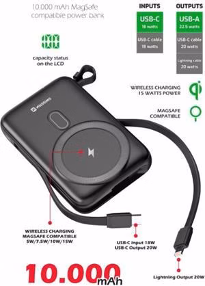 SWISSTEN POWER BANK 10000 mAh PD 20W S INTEGROVANÝMI KABELY  USB-C A LIGHTNING (kompatibilní s MagSafe)