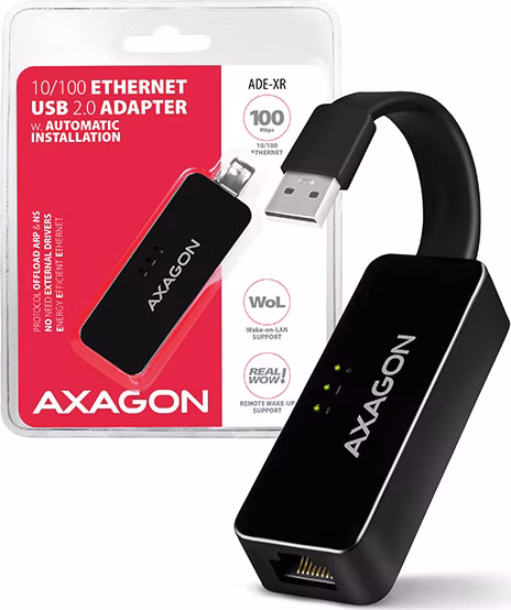 AXAGON ADE-XR, USB 2.0 - Fast Ethernet sieťová karta, auto inštal, čierna