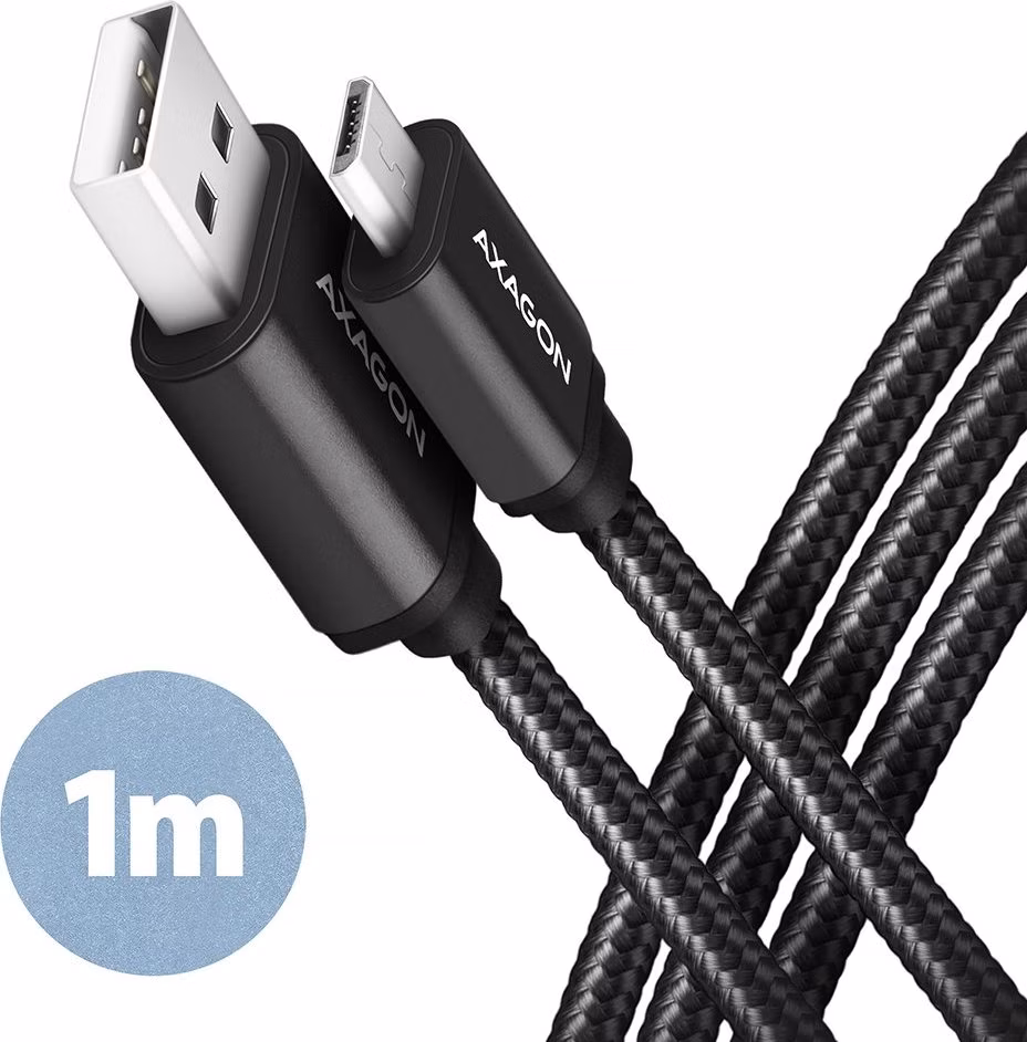 AXAGON BUMM-AM10AB, HQ kábel Micro USB  USB-A, 1 m, USB 2.0, 2,4 A, ALU, opletenie, čierny