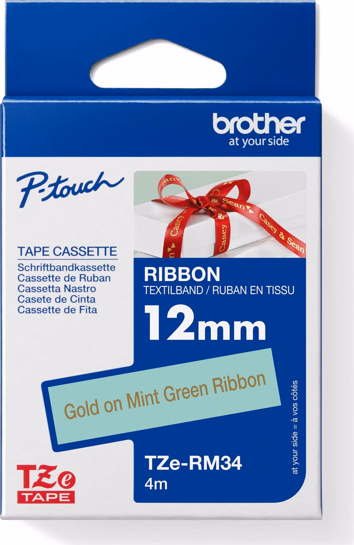 Brother - TZe-RM34 mentolově zelená / zlatá (12mm, 4m, textilní)