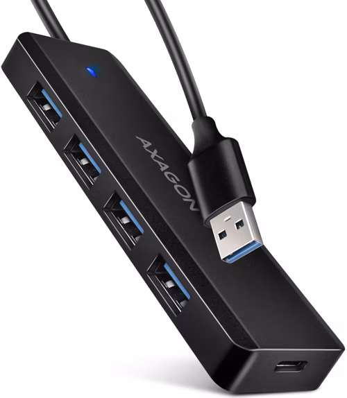 AXAGON HUE-C1A cestovní čtyřportový USB-A 5Gbps hub/USB-C konektor pro externí napájení/kabel 19 cm