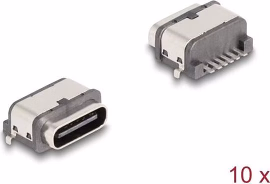 Delock 6-pinový SMD konektor z USB 5 Gbps na zásuvku USB Type-C™ se dvěma kovovými západkami k montáži pájením, 10 ks