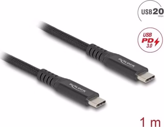 Delock USB 20 Gbps kabel USB Type-C™ samec na samec PD 3.0 100 W E-Marker 1 m černý kov