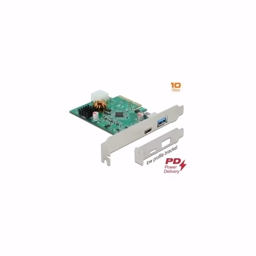 Delock Karta PCI Express x4 na 1 x externí USB Type-C™ samice s funkcí PD + 1 x externí USB Typu-A samice SuperSpeed USB