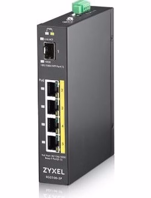 Zyxel RGS100-5P, 5-port Gigabit switch: 4x GbE + 1x SFP, PoE (802.3at, 30W), Power budget 120W, DIN rail/Wall mount, IP3