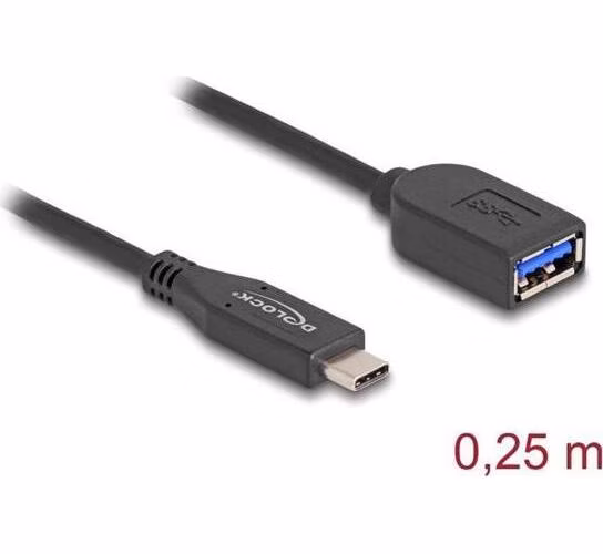 Delock Koaxiální kabel USB 10 Gbps, ze zástrčky USB Type-C™ na zásuvku Typ-A, délky 25 cm