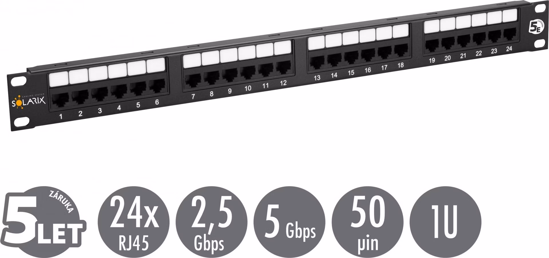 19" patch panel Solarix 24 x RJ45 CAT5E UTP 150 MHz čierny 1U SX24-5E-UTP-BK