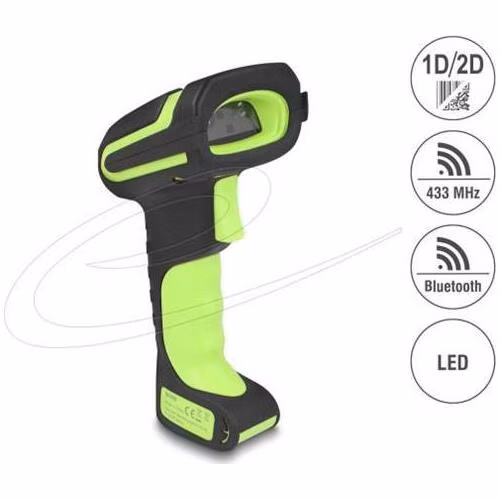 Delock Průmyslová čtečka čárových kódů 1D a 2D pro 433 MHz nebo Bluetooth s indukční nabíjecí stanicí, čtení až do 6,5 m