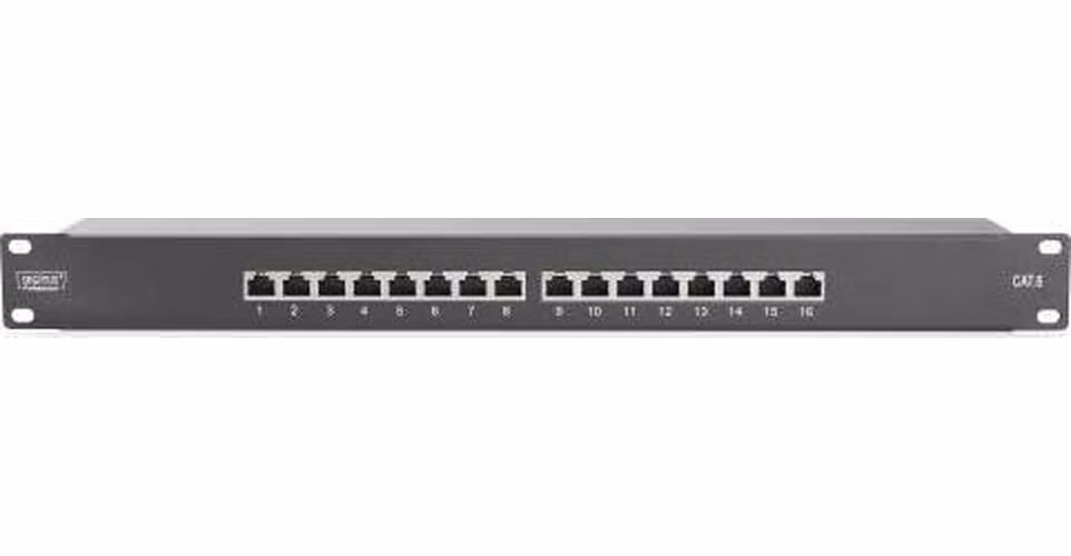 DIGITUS CAT 6, patch panel třídy E, stíněný, 16 portů RJ45, 8P8C, LSA, 1U, montáž do stojanu, černá, 482x44x109