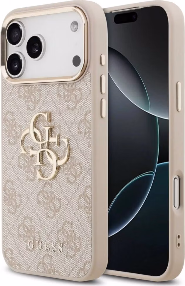 Guess PU Leather 4G Metal Logo Gold Frame kryt iPhone 17 Pro Max ružový