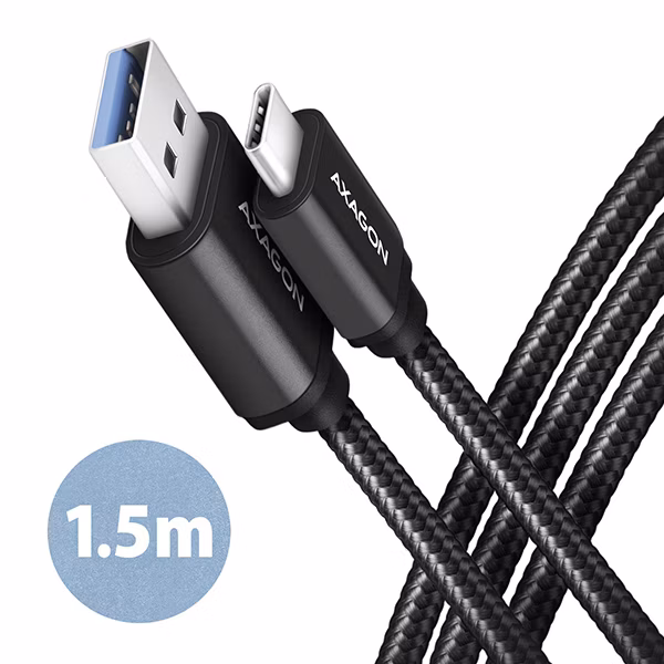 AXAGON BUCM3-AM15AB, SPEED kábel USB-C USB-A, 1.5 m, USB 3.2 Gen 1, 3A, ALU, opletenie, čierna