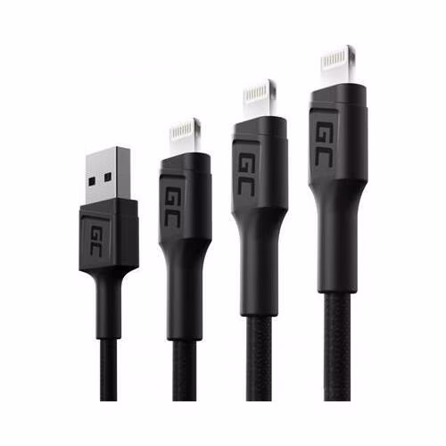 Green Cell Set 3x Cable GC Ray USB - Lightning 30cm, 120cm, 200cm for iPhone, iPad, iPod, white LED, quick charging
