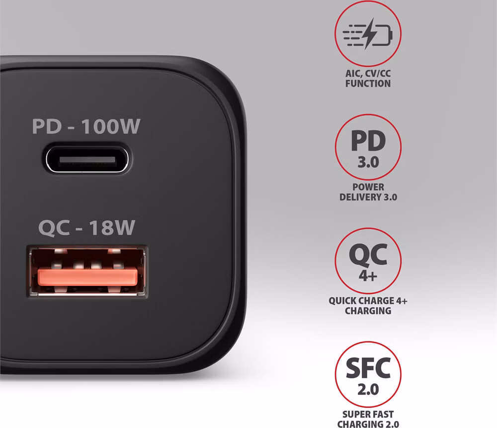 AXAGON ACU-PQ100, GaN nabíjačka do siete 100W, USB-A+USB-C, PD3.0/PPS/QC4+/SFC2.0/Apple, čierna
